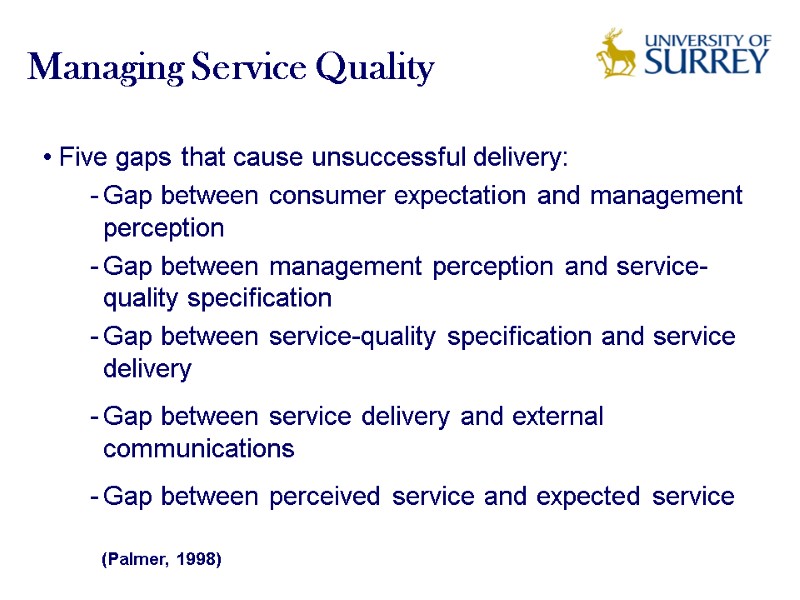 Managing Service Quality Five gaps that cause unsuccessful delivery: Gap between consumer expectation and